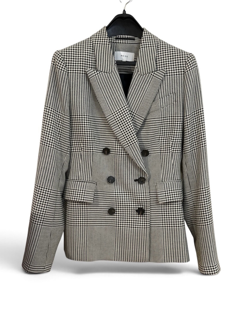 Reiss Black & White Glen Plaid Double-Breasted Blazer